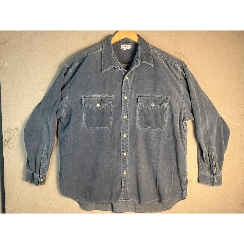 Vintage J. Crew Oarsman Corduroy Shirt Mens 90's XL Blue Double Pocket Button Up